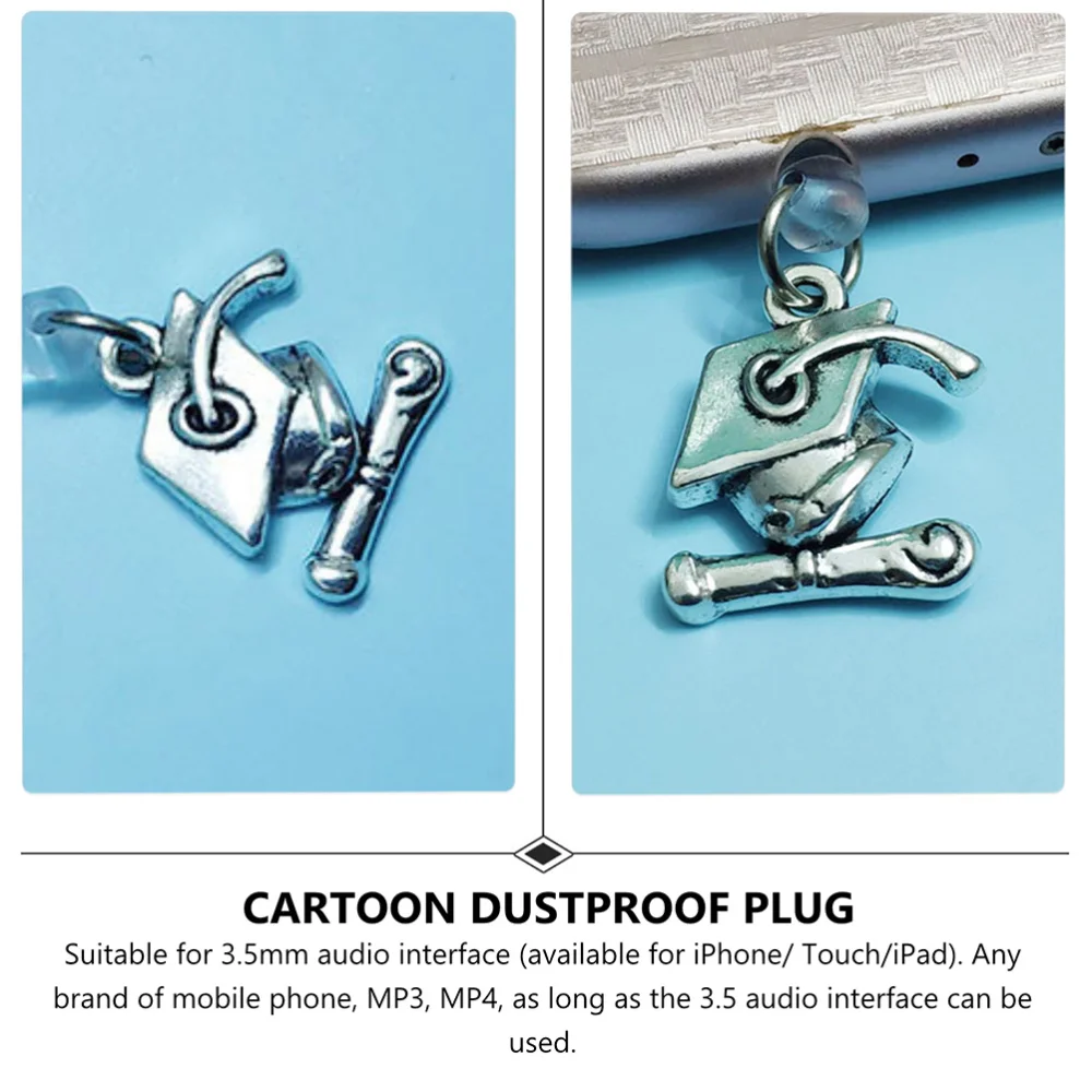 

1 Set 6 Pcs Alloy Cellphone Plugs Graduation Trencher Caps Pendants Headphone Plugs (Silver)
