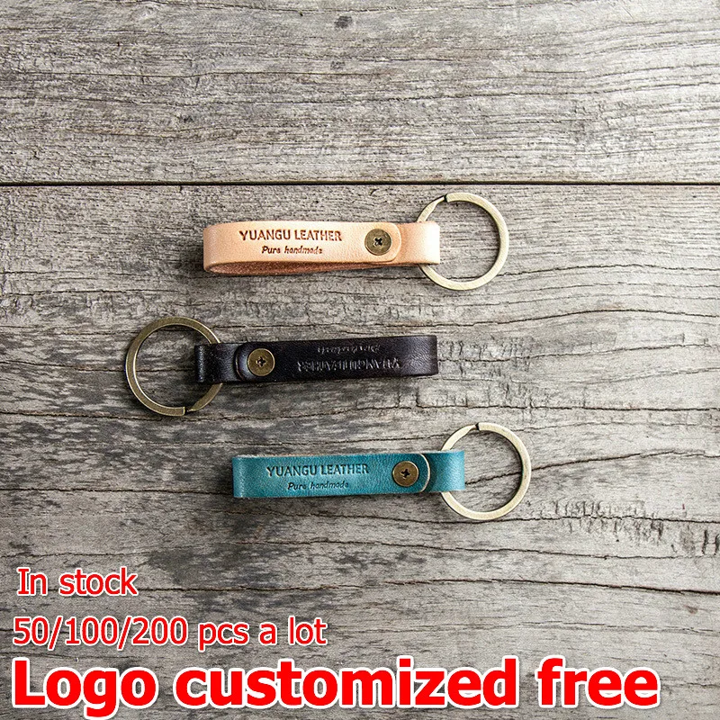 

50/100/200Pcs/lots Wholesale Bulk LOGO CUSTOMIZED FREE Genuine Leather Keychain Pocket Women Men Handmade Accessories Gift