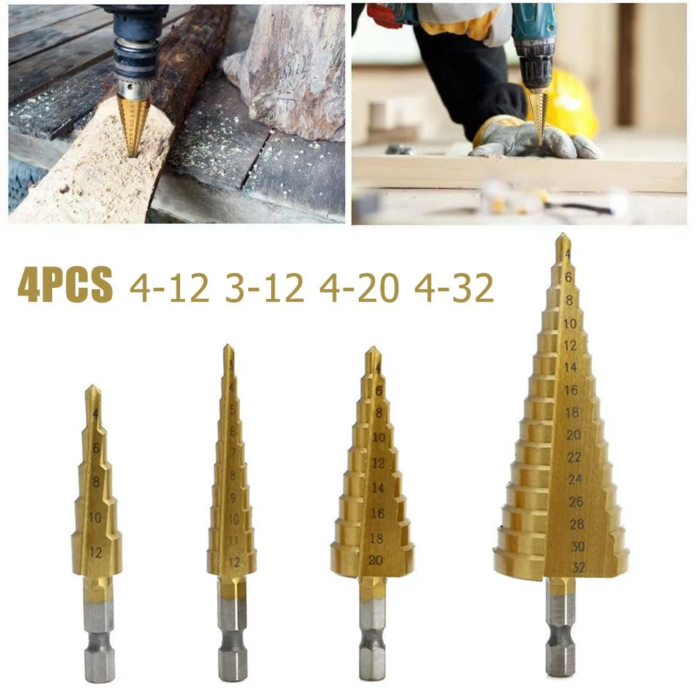 4Pcs HSS Steel Step Bits Cone Drill Titanium Coated Wood Metal Hole Cutter Bits 3-12/4-12/20/32mm