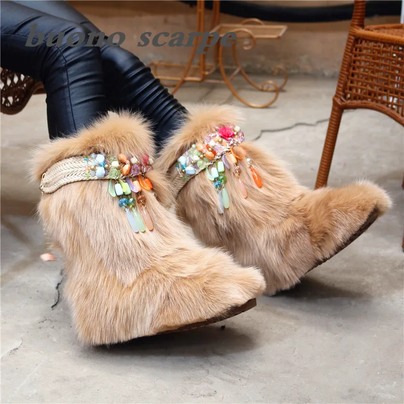 

Leather tall fox fur snow boots fox fur warm shoes Bohemian crystal accessories ladies shoes