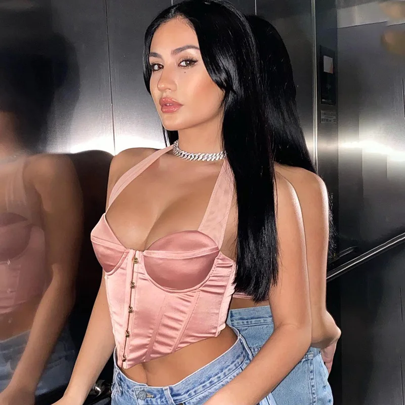 

Sexy Halter Corset Bra Women Camisole Short Vest Clubwear for Lady Summer Fashion Slim-fit Sleeveless Lace-up Crop Tops