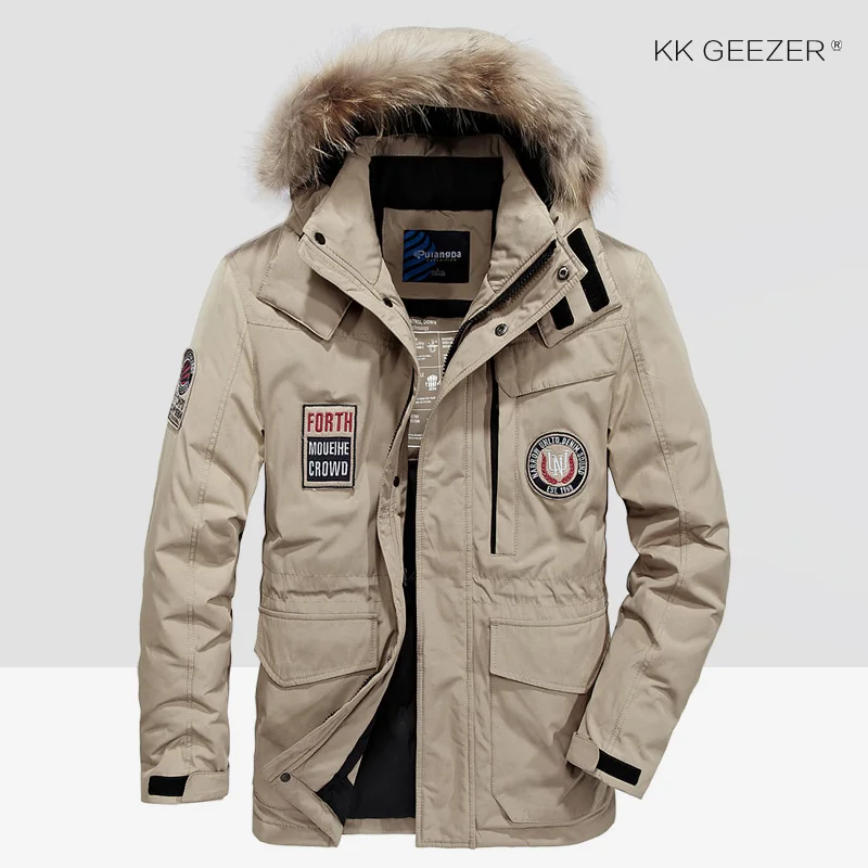 K7767-Khaki Зимняя куртка Мужская пуховик Водонепроницаемая куртка большого размера 80% Белая утка с подкладкой Повседневная Свободная Россия Снежный Толстый капюшон Меховые бренды Пальто Мода Многокарманная ветровка Теплая - Цвет: K7767-Khaki