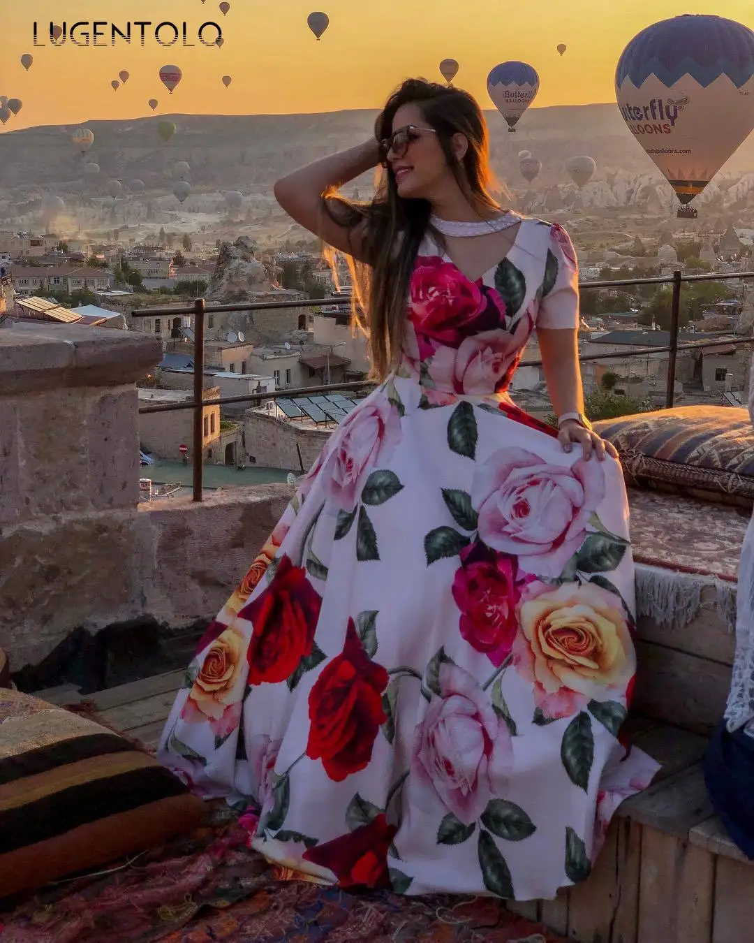 

Lugentolo Maxi Dress Women Summer Rose Print Beaded Short Sleeve Round Neck Casual Fashion A-Line Floor-Length womens dress