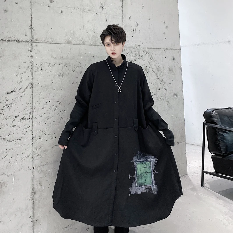 

Brand Design Autumn Men Shirts Abstract Print Oversize Loose Dark Long Shirts Male Luxury Gothic Owen Japan Style High Street
