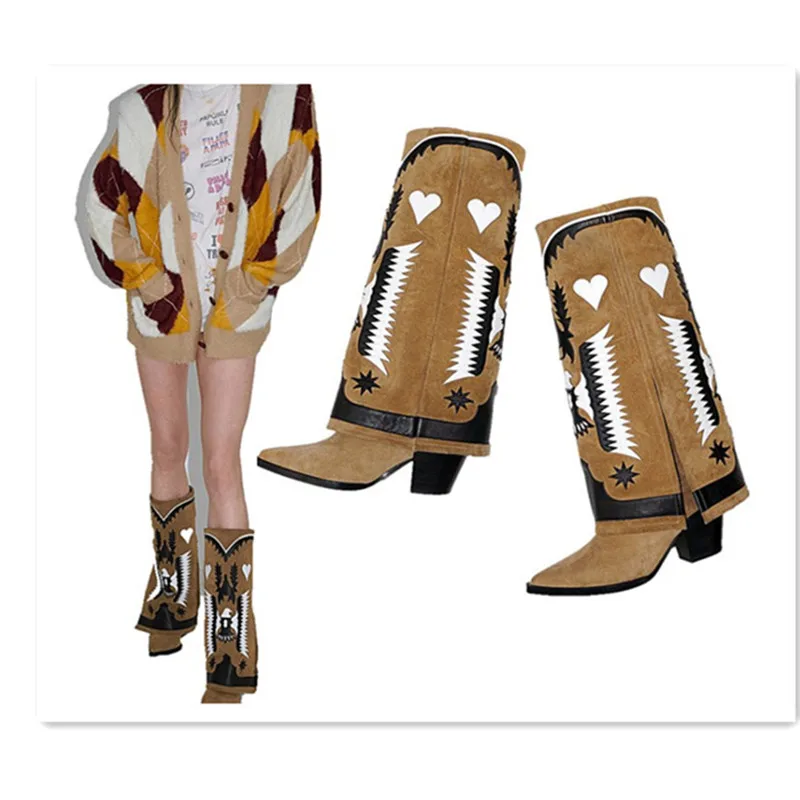 Ботинки женские кожаные с вышивкой белые на толстом каблуке острым носком