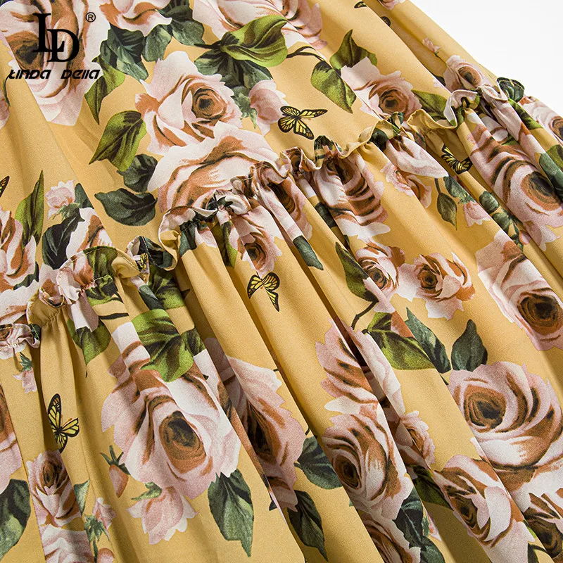 

LD LINDA DELLA Fashion Runway Summer Vacation Dress Women Elegant Ruffles Puff sleeve Vintage Rose Flower Print Party Midi Dress