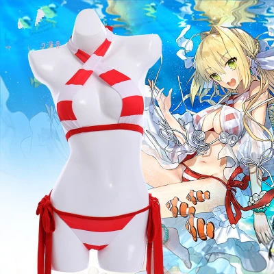 

Высококачественное японское аниме Fate/Grand Order Нерон Клавдий женский косплей костюм купальники + плавки + бант + пальто