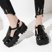 termainoov women sandals high heels square toe patent leather platform shoes fashion buckle heeled casual women pumps
