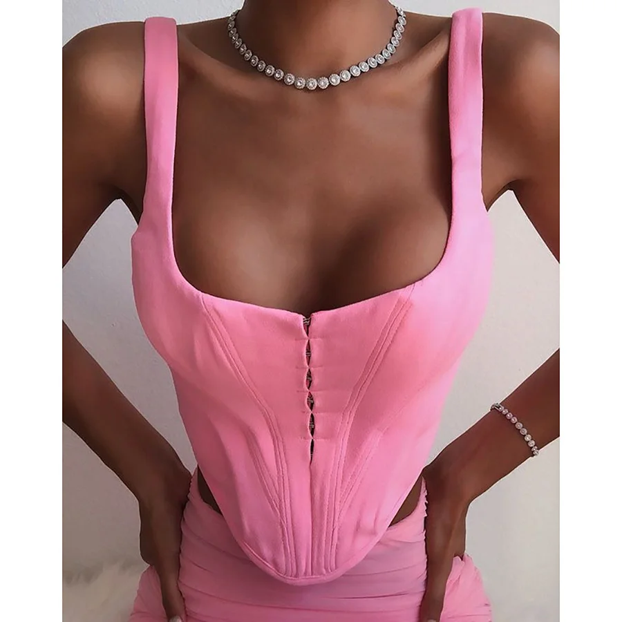 

New Sexy Tank Top Women Summer 2021 Fashion Hidden Breasted Solid Vest Square Collar Backless Strap Top Y2K Sleeveless Crop Top