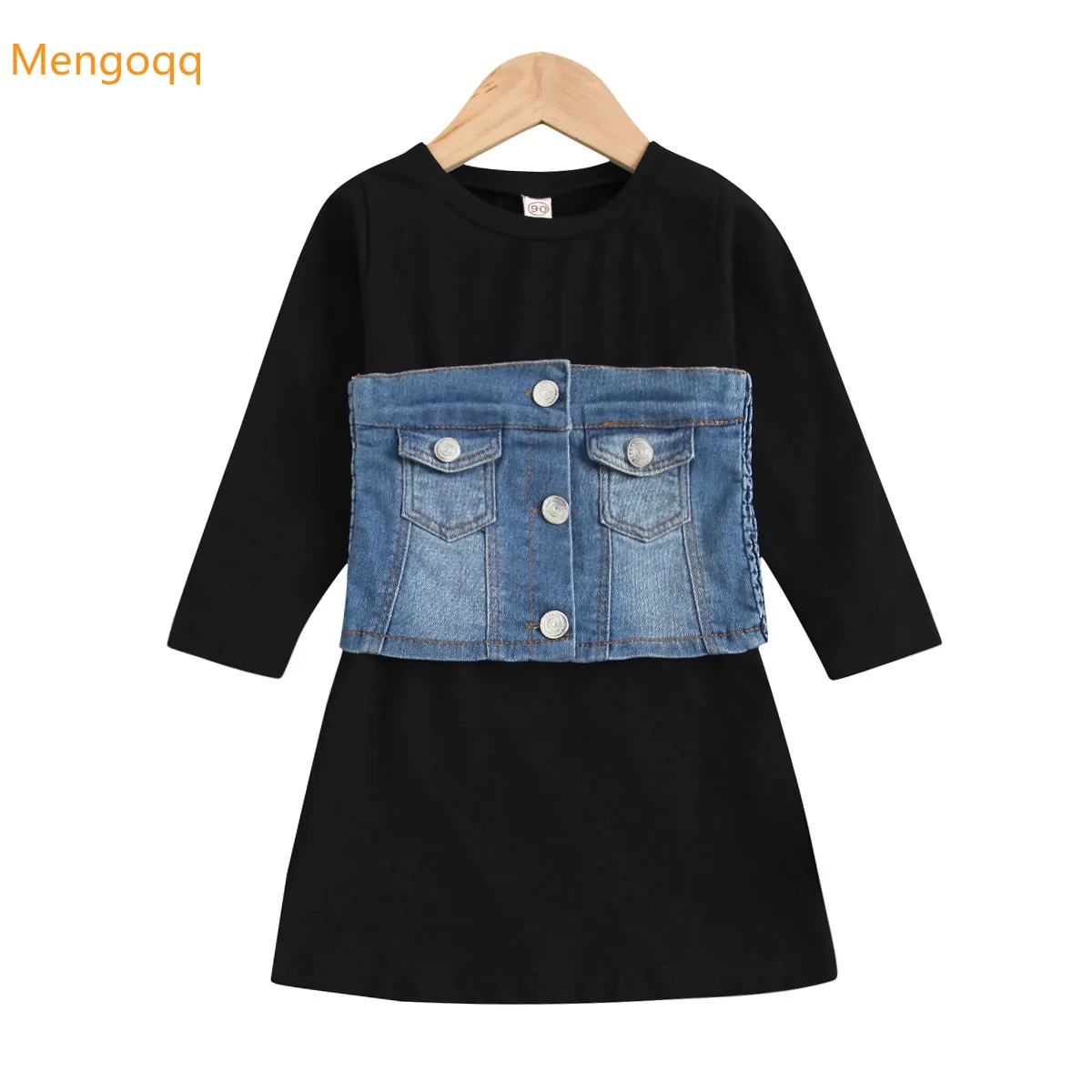 

Toddler Kids Baby Girls Autumn Spring Full Sleeve Solid Knee-length Dress Denim Button Vest Children Clothes Set 2pcs 18M-6Y