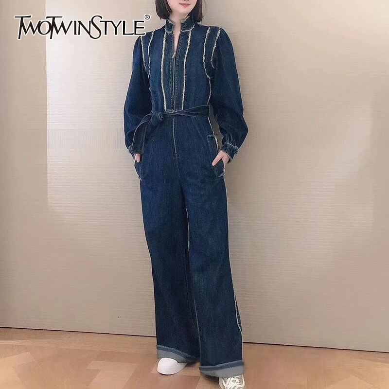 TWOTWINSTYLE повседневные джинсовые комбинезоны с кисточками для женщин стоячий