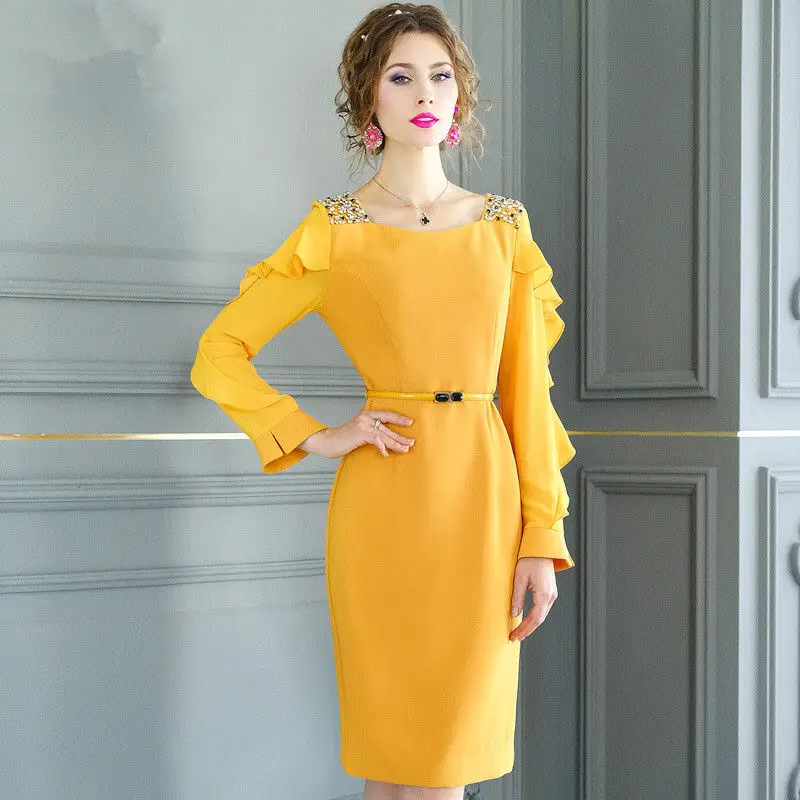 

Women A Line Dress Summer Spring Butterfly Long Sleeve Dresses Office Ladies Slim Fit Vintage Solid Color Dress