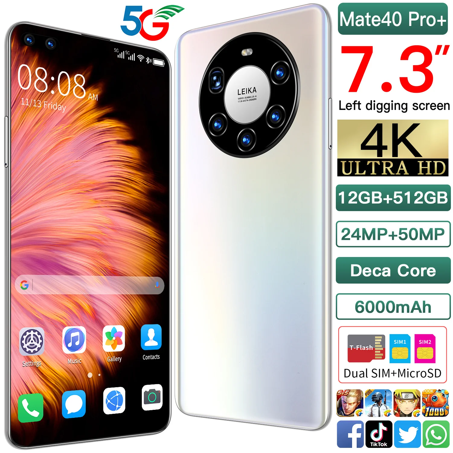

Huavei Global Version Mate40 Pro Smartphone 12GB 512GB 6000mAh Battery 7.3 Inch Screen 24MP 50MP Camera Face ID Snapdragon 888