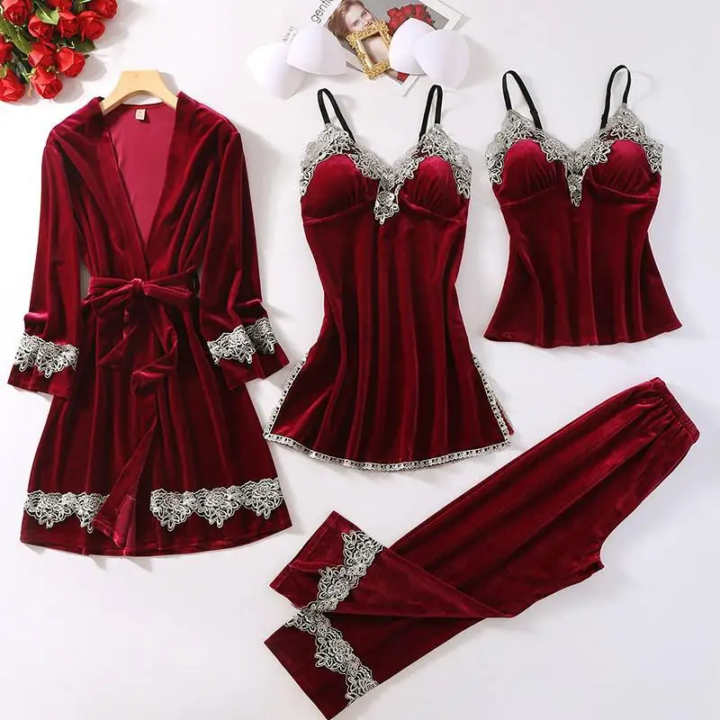Женские велюровые 4 шт. халат пижама темно красная кимоно с v образным вырезом