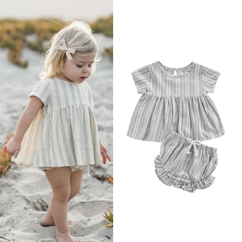 

Baby Girl’s Casual T-shirt and Shorts Set Fresh Stripe Short Sleeve Tops and Triangle Short Pants