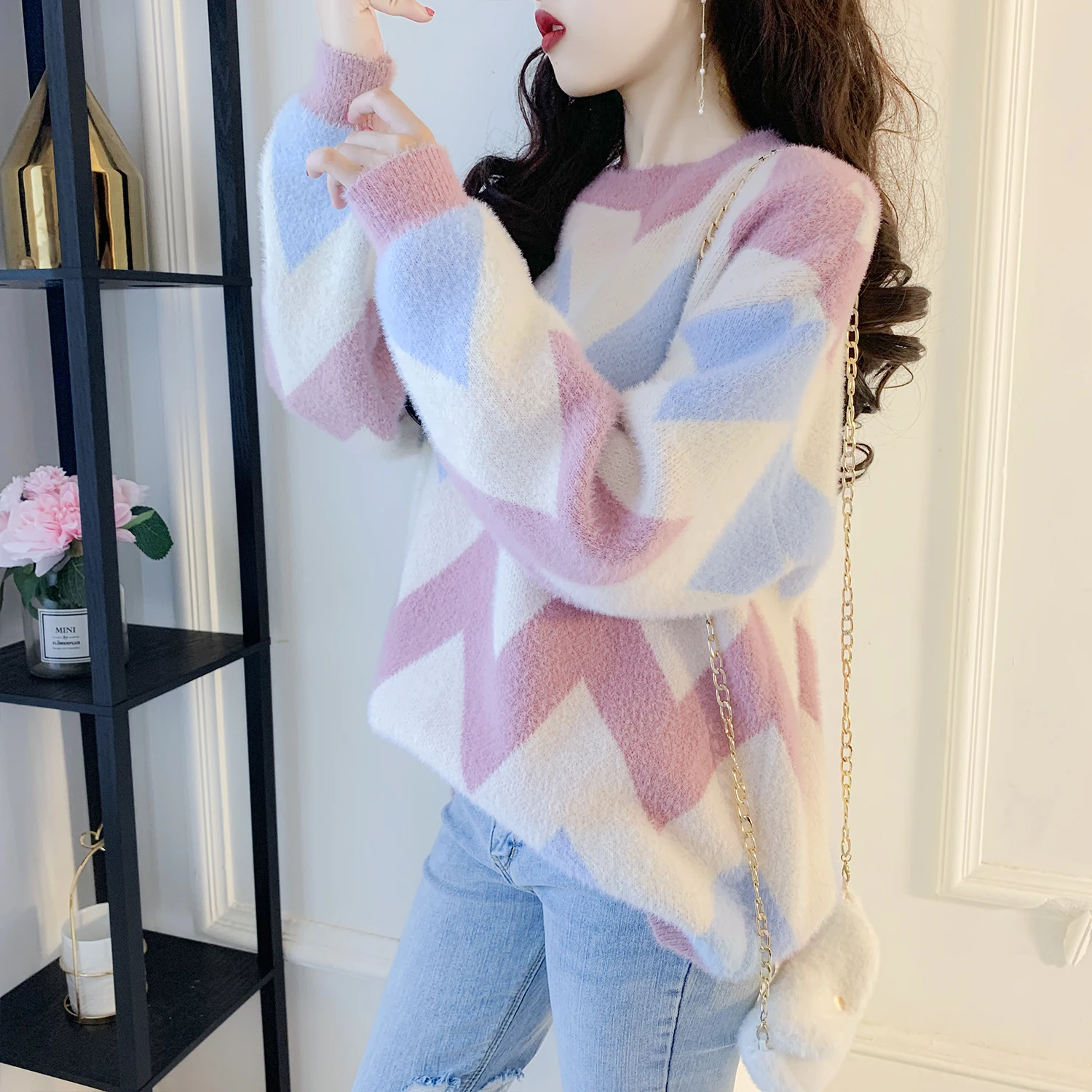 Mink Cashmere Spring 2020 winter knitted sweater velvet striped pullover Women sweaters and pullovers oversized 45G | Женская одежда