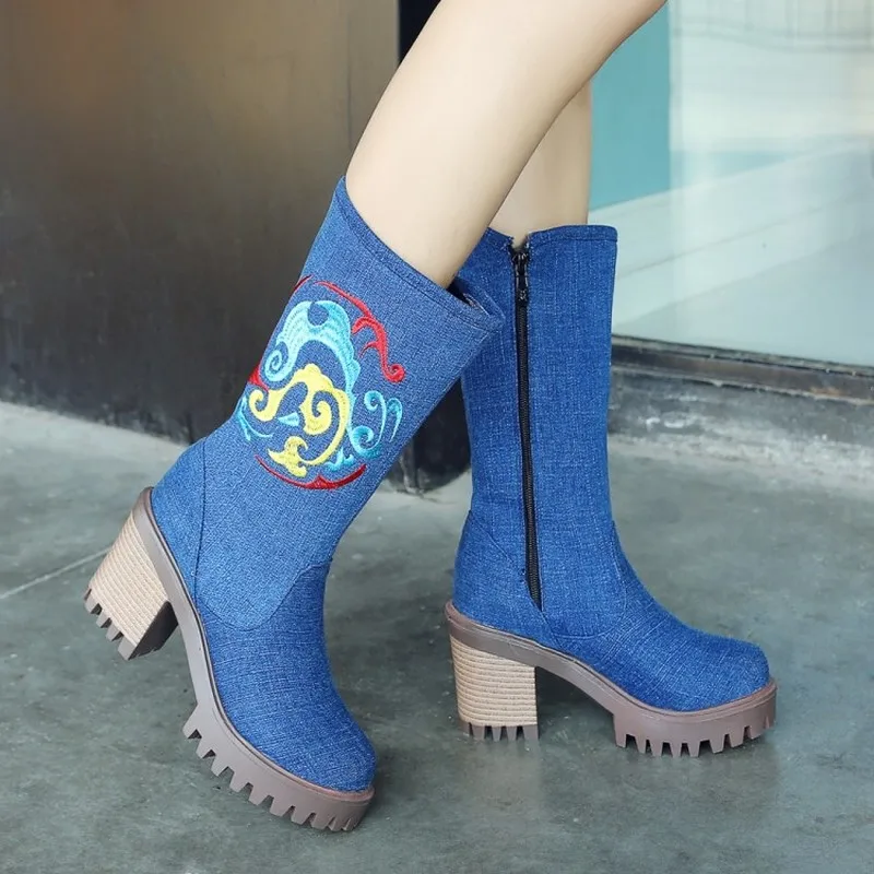 

OLOMLB US4-11 Womens Round Toe Denim Jeans Embroidery Mid Calf Boots Oxfords Block Chunky Heel Shoes Side Zip Plus Size 3Colors