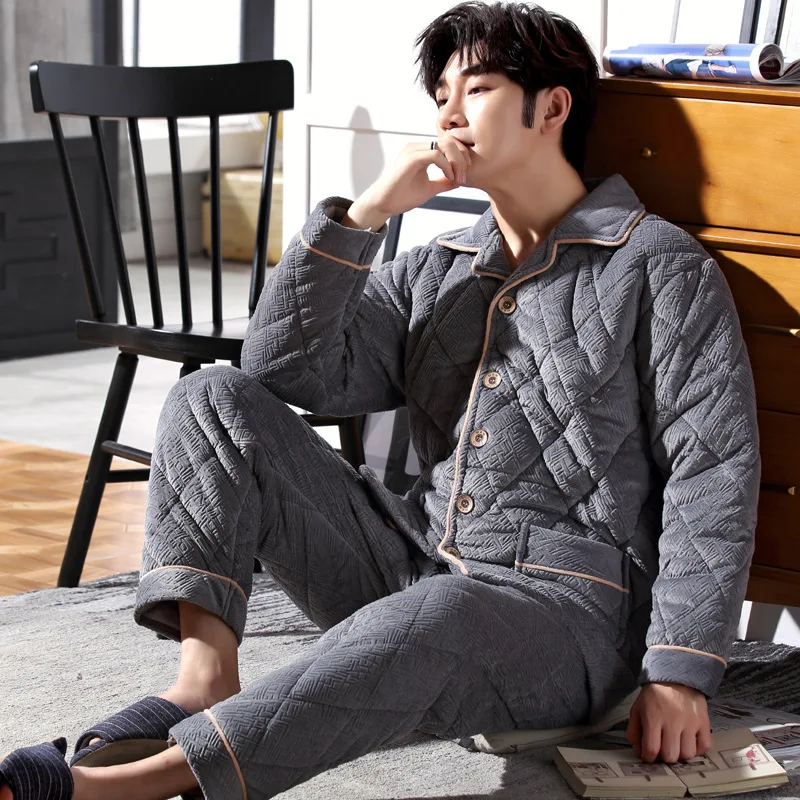 Pajamas with Cotton Men's Winter Thickened Beibei Plush, Three-layer Plush, Cotton Padded Jacket, Flannel Household Suit