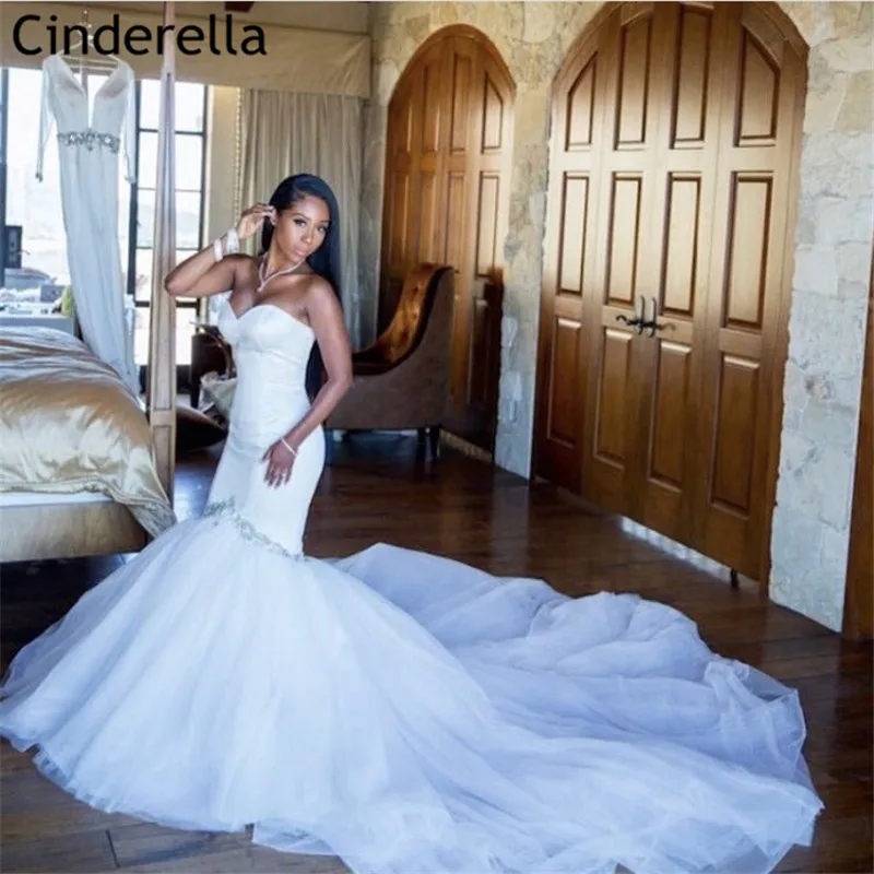 

Mermaid Wedding Dresses Sweetheart Sleeveless Floor Length Soft Tulle Crystal Wedding Dresses With Lace Up Back vestido de noiva