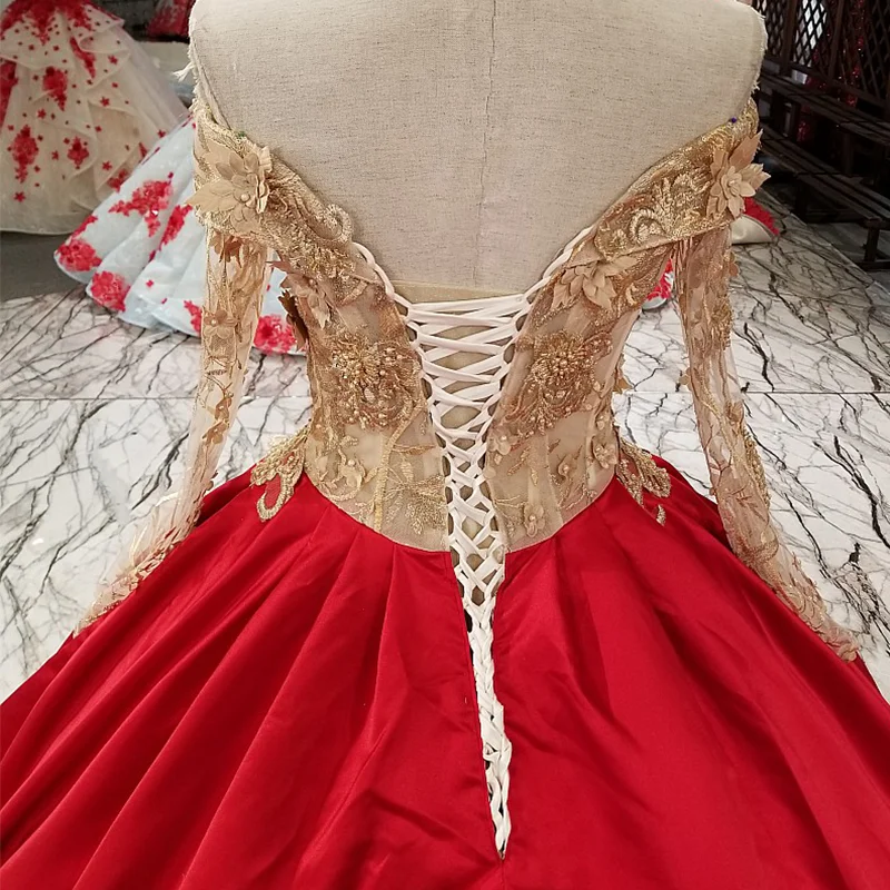 LS32945 2018 от плеча красное атласное вечернее платье длинный рукав A liner illusion простая