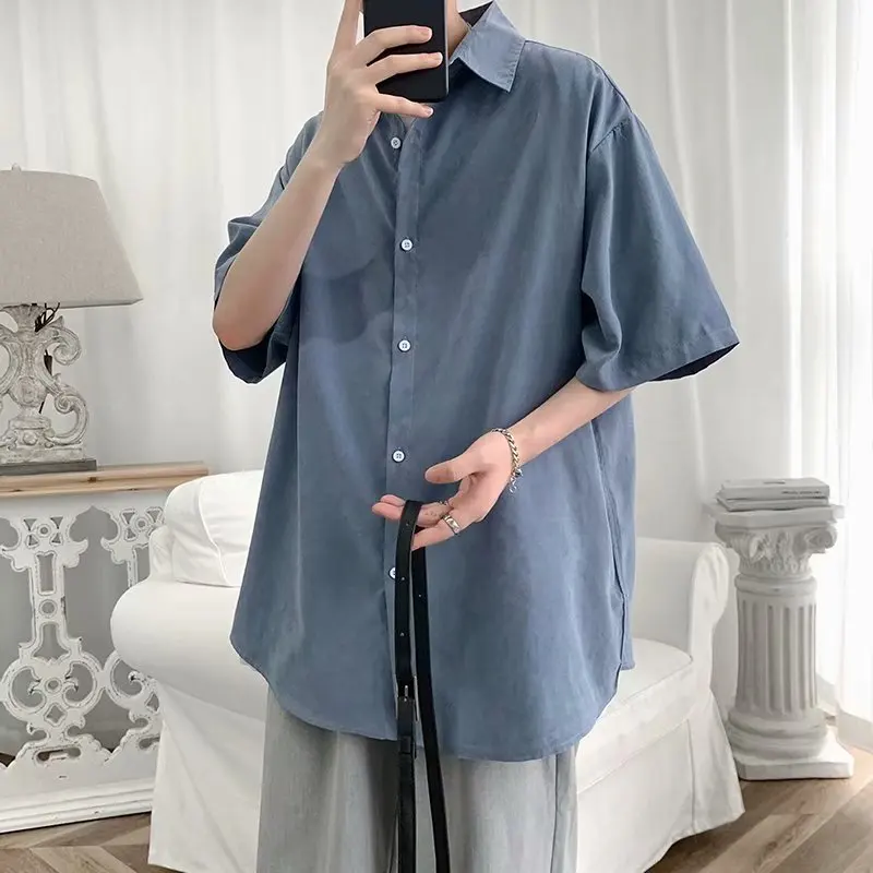 

Solid Color Oversized Men's Shirts 2021 Harajuku Men Casual Half Sleeve Shirt Tops Cool Summer Streetwear Man Blouse 6 Colors