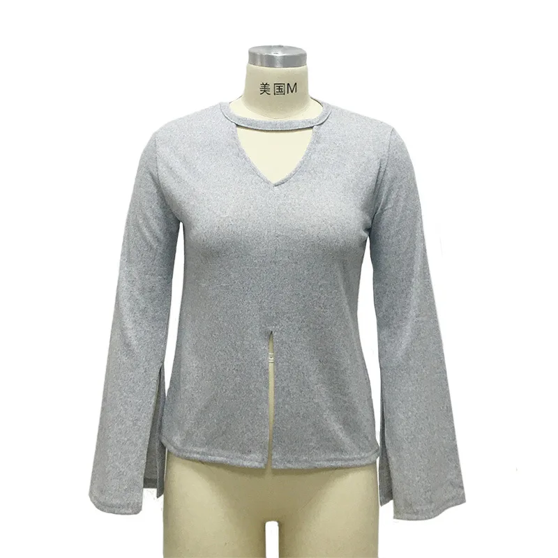 

Slim V-neck Hollow Long-sleeved Horn Sleeve T Shirt Top for Women Slim Split Female Casual T-shirts