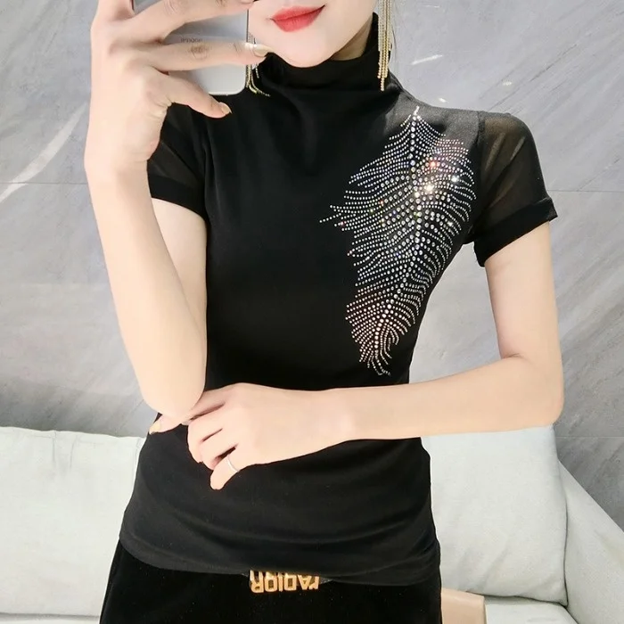 

#7153 Korean Fashion Short Sleeve T-shirts Women Black Green Red Women's T-shirt With Diamonds Turtleneck T Shirt Slim Summer
