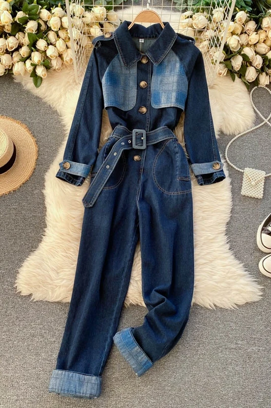 

2021 Spring and Autumn New Color Matching Fashion Long Sleeve Jumpsuit Women's Retro Denim Pants Casual Romper Wide-Leg Pants