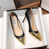2021 new fashion metal pointed toe black and gold color matching female high heeled sheepskin comfortable shoes