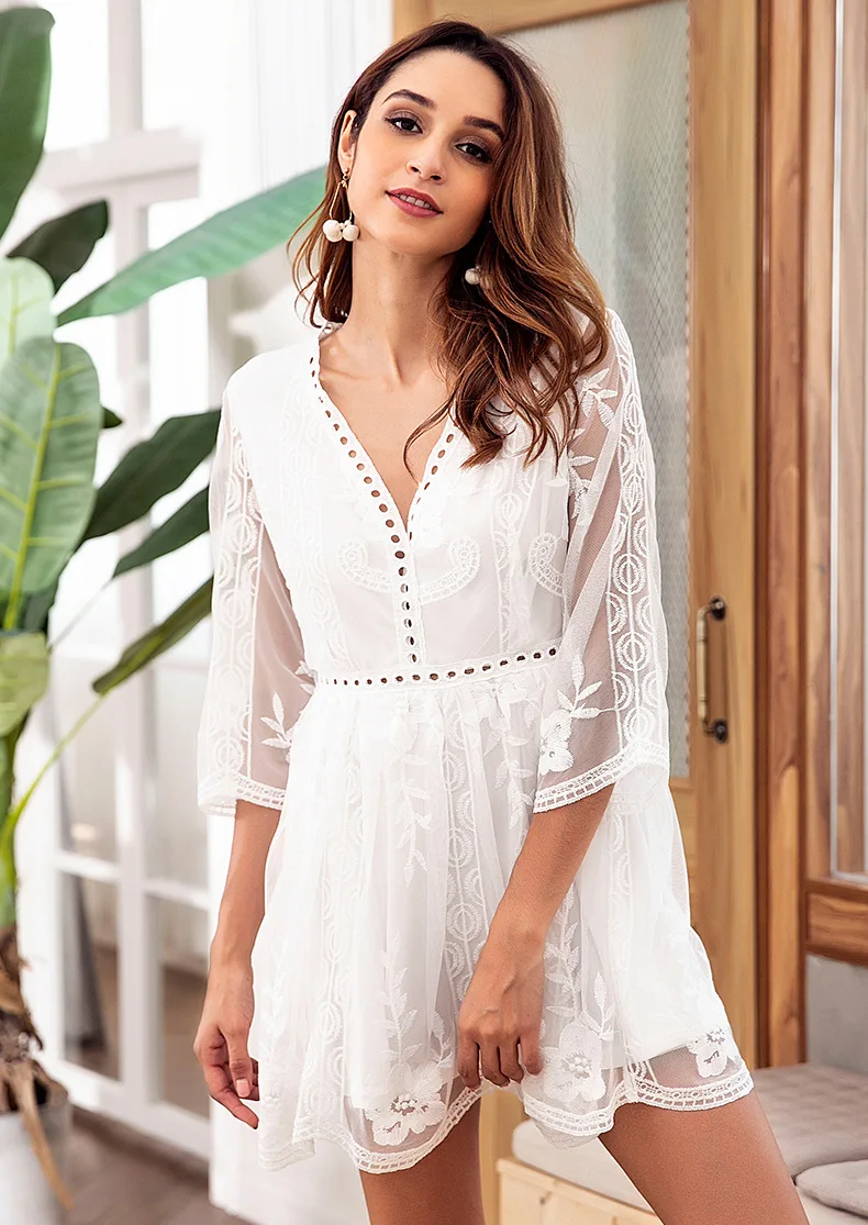 2020 сексуальное платье с кружевной вышивкой и V образным вырезом коротким рукавом