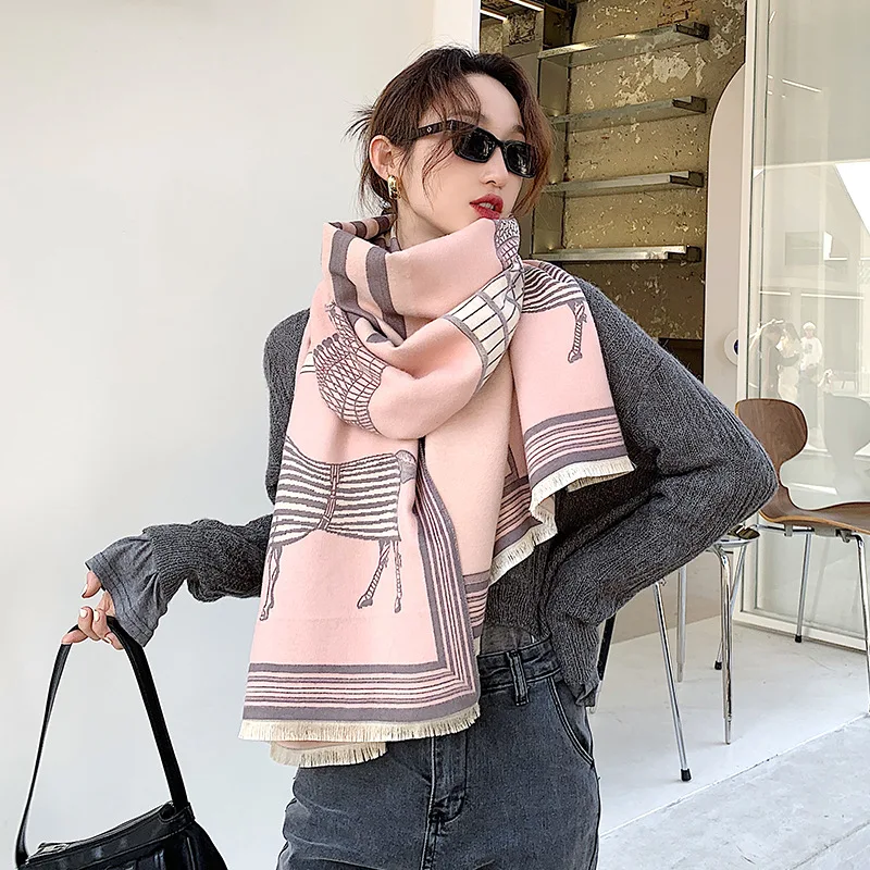 

New Fashion Winter Scarf for Women Cashmere Warm Shawls Double-side Horse Print Pashmina Foulard Femal Large Thick Bufanda Wraps