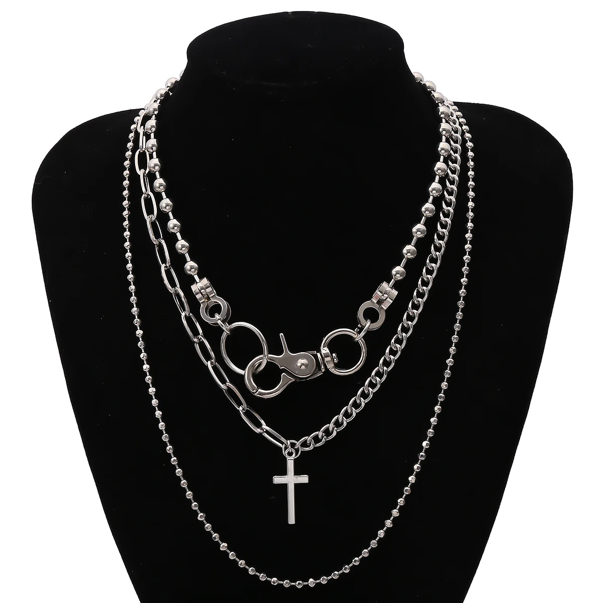 

IngeSight.Z 3Pcs/Set Multilayer Gothic Hip Hop Cross Pendant Necklace Punk Silver Color Beaded Choker Necklaces for Men Jewelry