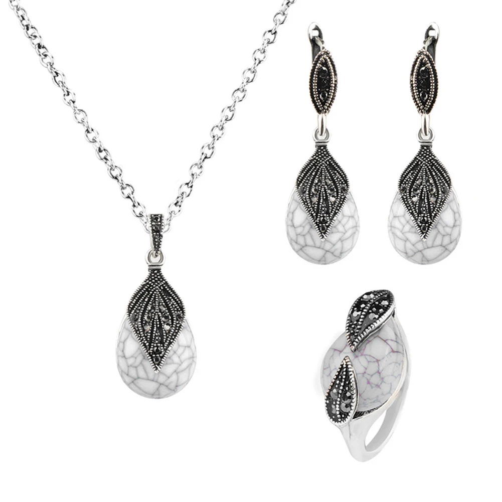 Jewelry Sets African Bridal Leaf Water Drop Faux Turquoise Pendant Necklace Ring Earrings Women Fashion Jewellery Set | Украшения и
