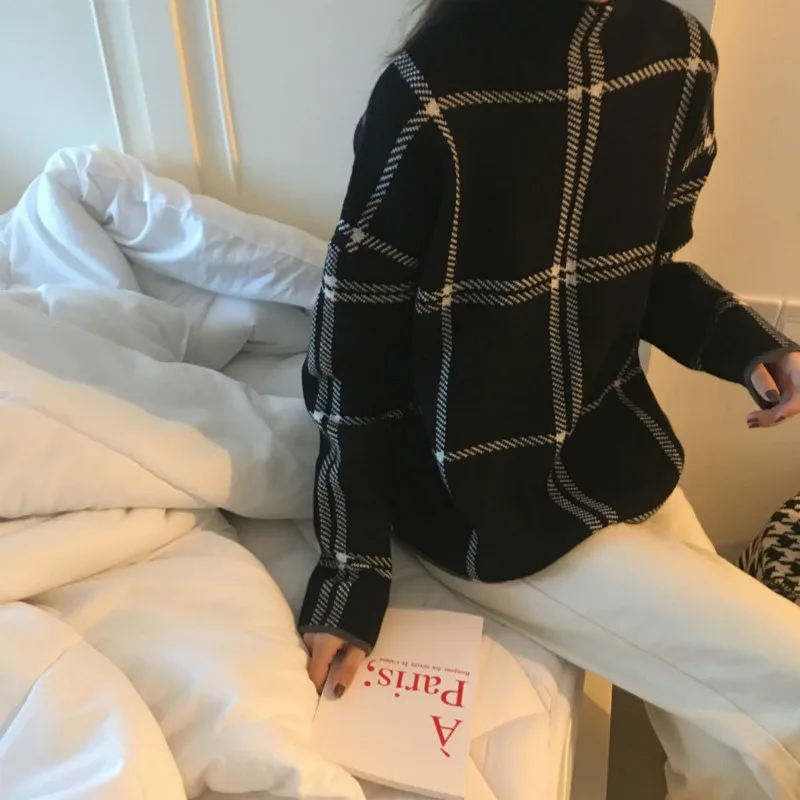 Женский свитер CHRLEISURE клетчатый пуловер с высоким воротником и длинным рукавом