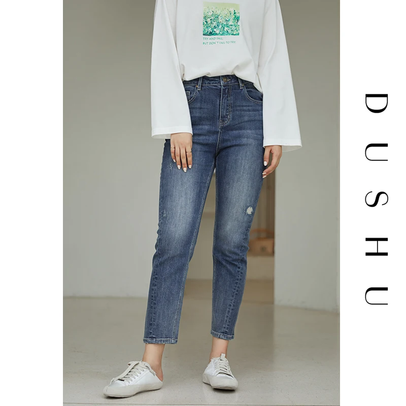 

DUSHU Casual streetwear blue ripped high waist jeans Women vitnage skinny black jeans plus size Female autumn winter denim jeans