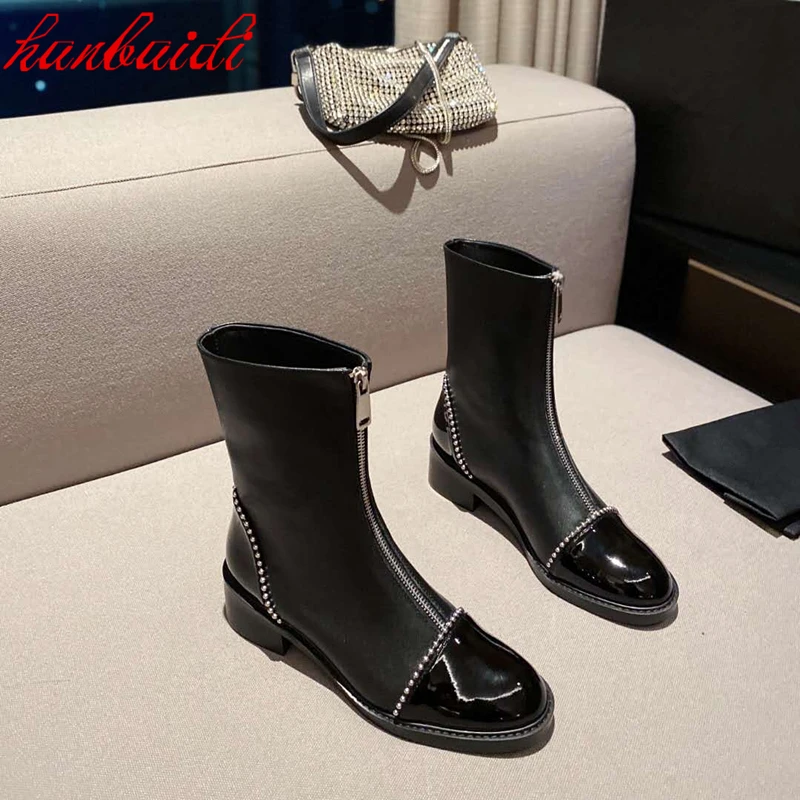 

Fashion Korean Style Boots Autumn Women Ankle Boots Solid Black Genuine Leather Shoes Metal Bordered Martin Boots Zipper Shoes