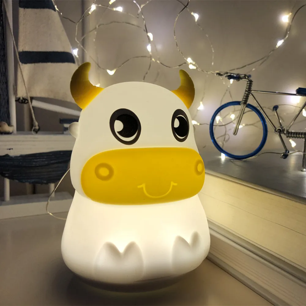 Cow LED Night Light Touch Sensor Colorful Silicone Cattle Bull Lamp USB Rechargeable Bedroom Bedside for Children Baby Gift | Лампы и