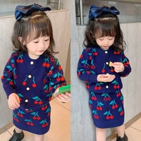 girls knitted cherry cardigan short skirt two piece suit winter baby clothes kids winter sweaters autumn fall toddler outfits