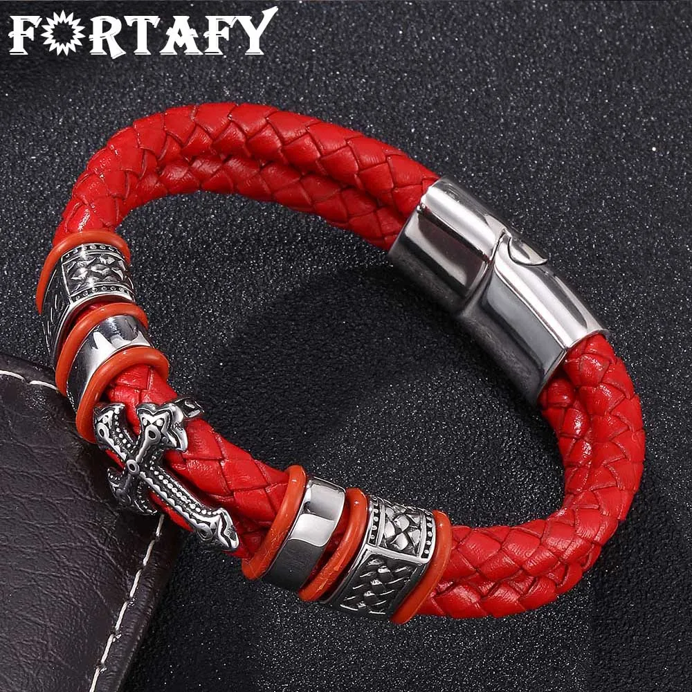 

FORTAFY Newest Red Double Braided Leather Cross Bracelet Men Jewelry Trendy Stainless Steel Magnetic Clasp Bangles Punk FR0099
