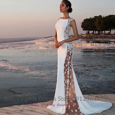 New Scoop Sleeveless Wedding Dress Sexy O Neck Sleeveless Sweep Train Sheer Lace Satin Wedding Gowns vestido de fiesta de boda