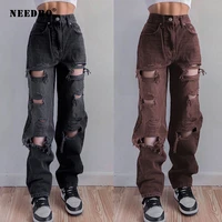 needbo ripped hole jeans women baggy cut out high waist denim pants new fashion streetwear straight vintage pants trousers femal