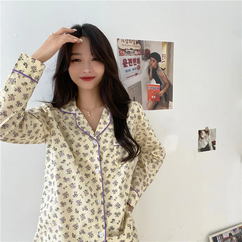 

women's pajamse set spring autumn floral print home suit single breasted lapel collar shirt pants sleepwear lounge wear Y240