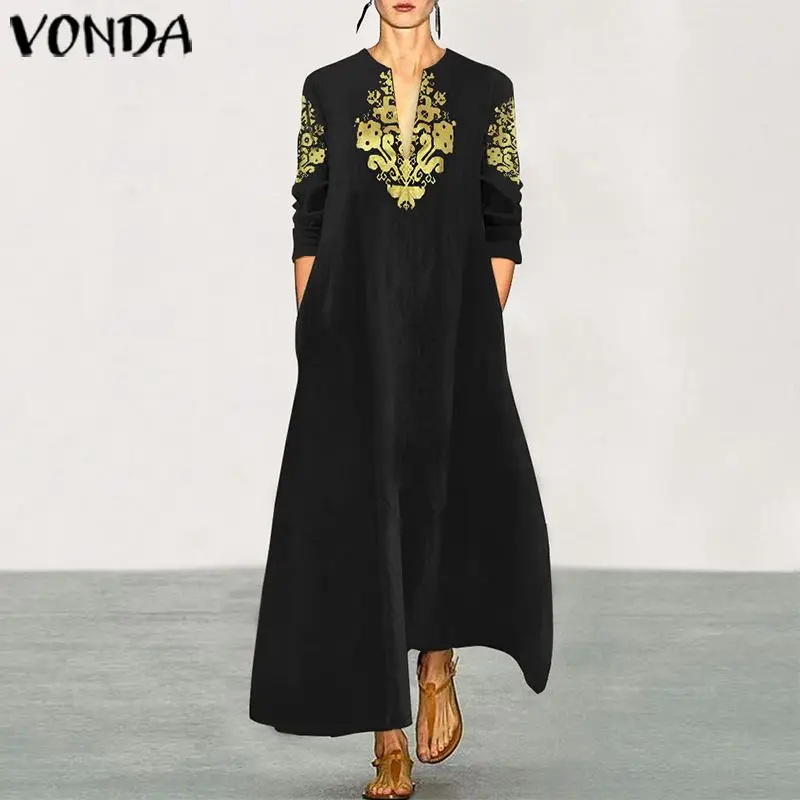 VONDA Maxi Long Dress Womens Cotton Vintage Printed Robe Femme Casual Loose Sundress Autumn Sexy V neck Party Vestidos Plus Size