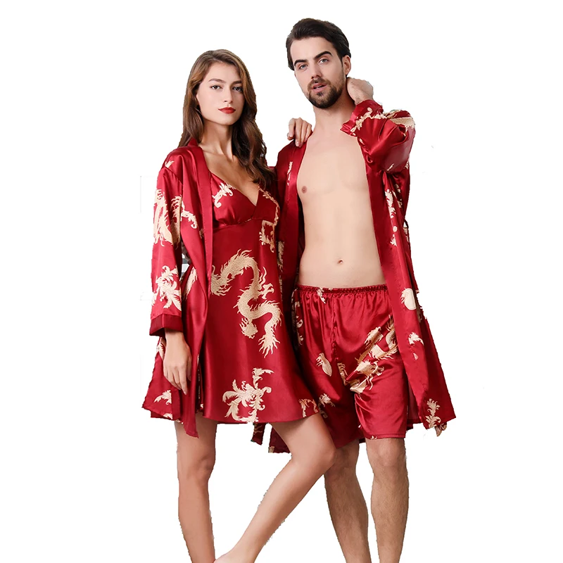 

Chinese Style Pajamas Sling Skirt Shorts Robe Set Women Men Summer Bathrobe Nightgown Large Size Sleepwear Couple Yukata Kimono