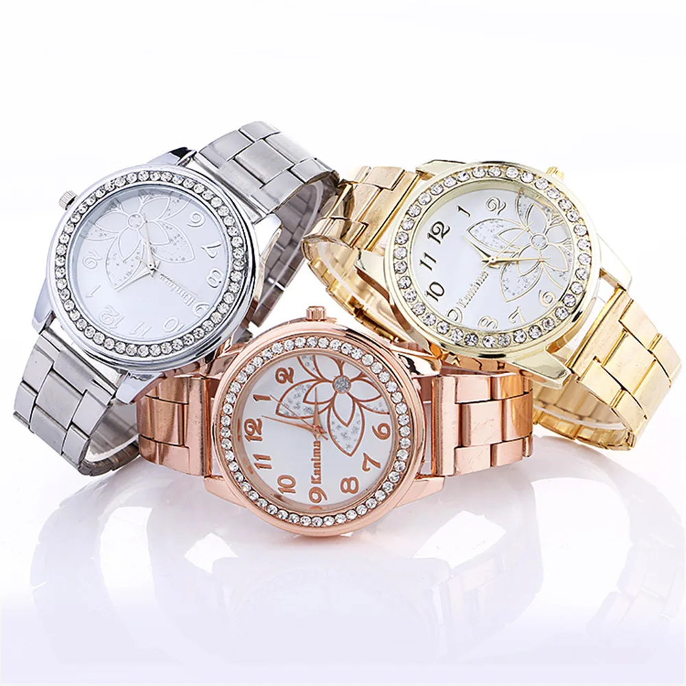 

Luxury Diamond watches flower pattern Stainless Steel Band Sport Quartz Wrist Hour Dial Fashion Ladies Wrist relojes