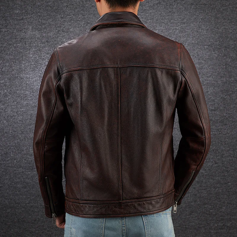 

Wear Casual American Vintage Black Moto Jecket Genuine Jacket Stone-mill Washed Cowhide Leather Heavy Weight Cotton Coat