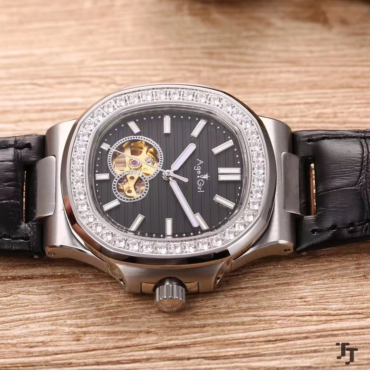 

Luxury Brand New Men Japanese Automatic Mechanical 904L Stainless Steel Tourbillion Diamonds Bezel Black Leather Sapphire Watch