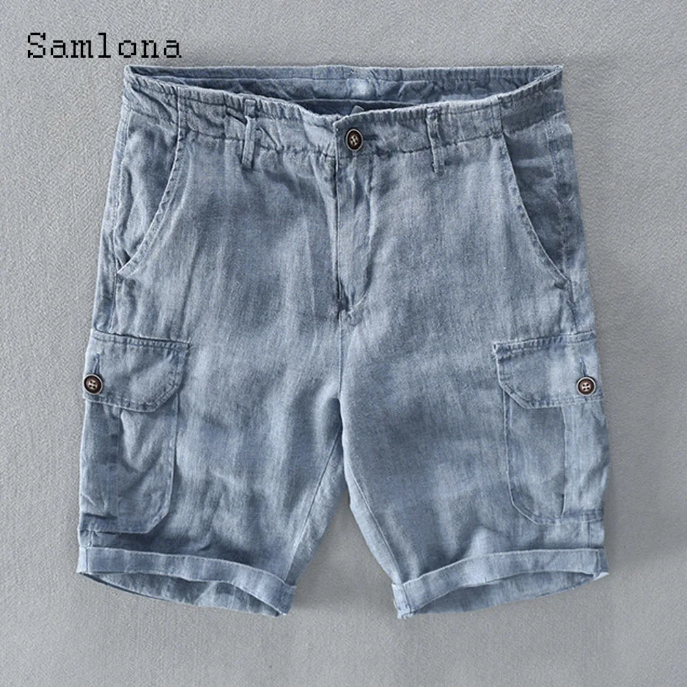 Samlona 2021 Stylish simplicity Men Casual Linen Shorts Men Fashion Zipper Pocket All-match Classic Simple Beach Shorts Homme