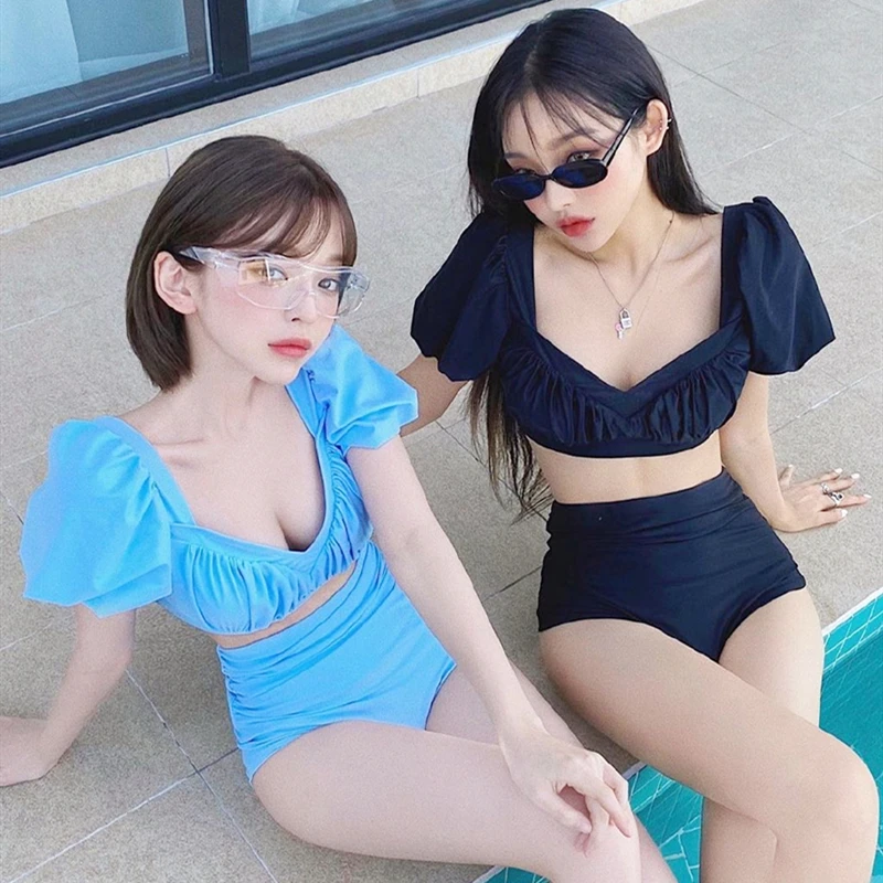 Однотонное бикини для плавания Sister плиссированное с коротким рукавом и