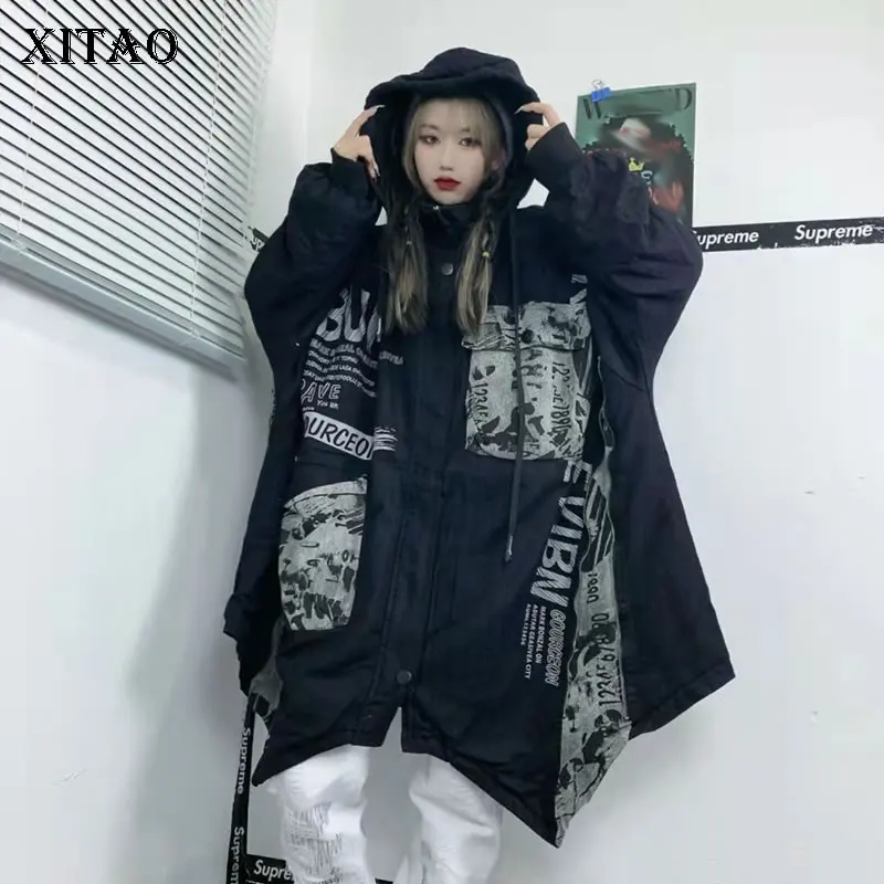 

XITAO, уличный Тренч, пальто контрастных цветов с буквенным принтом, модный свободный, сохраняющий тепло, большой размер, для женщин, новинка з...